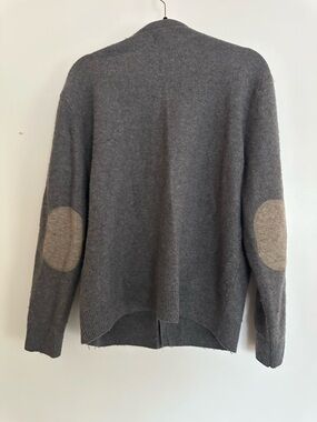 Gray Knit Cardigan with Beige Elbow Patches